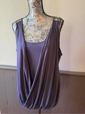 LOFT Blue Draped Tank with Metallic Shoulder Details